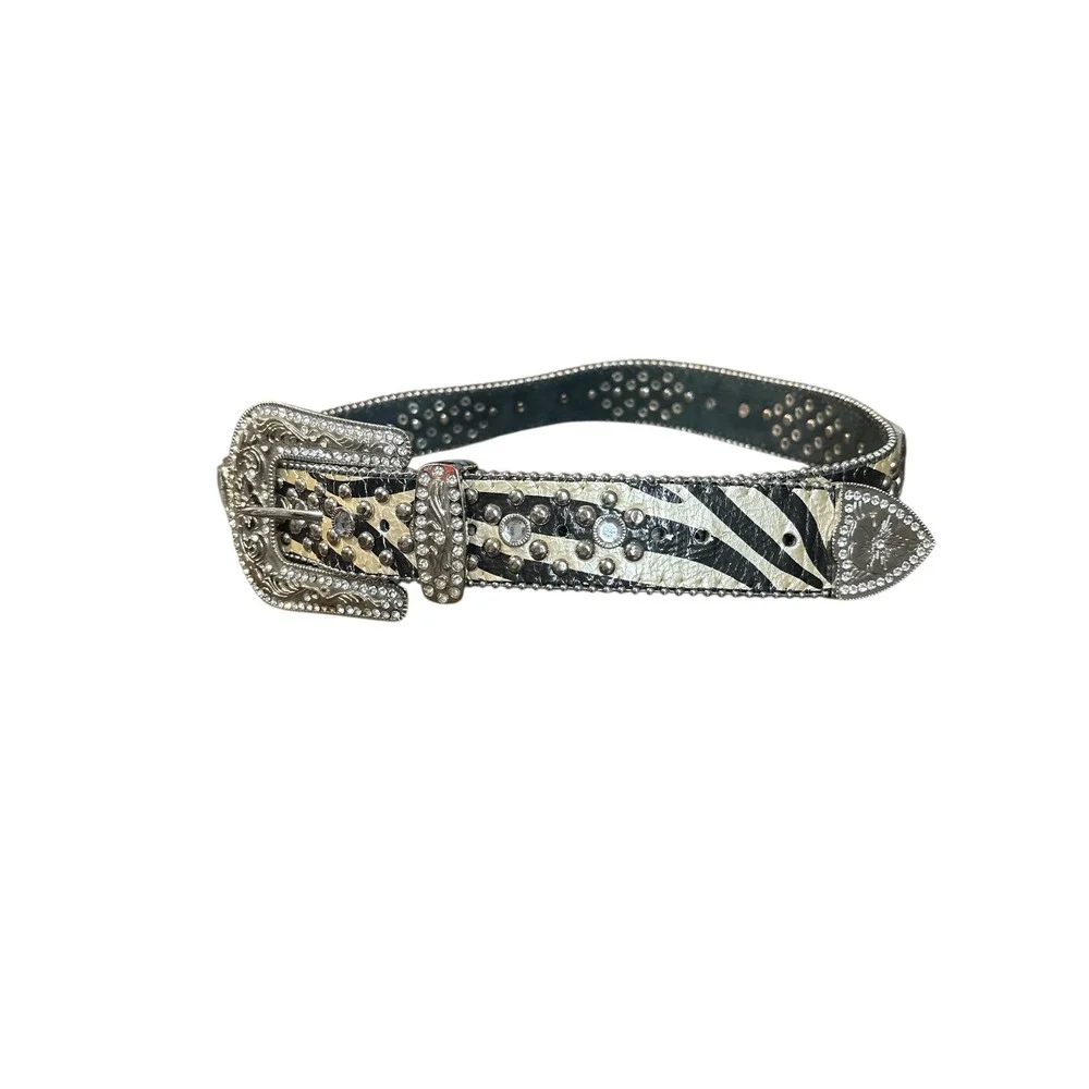 Y2K Zebra Print Rhinestone Western Belt Leather‎